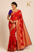 Premium Mushroom Pure Georgette Saree with Antique Gold Floral Zari Border & Contrast Running Blouse | Crimson Red & Royal Purple