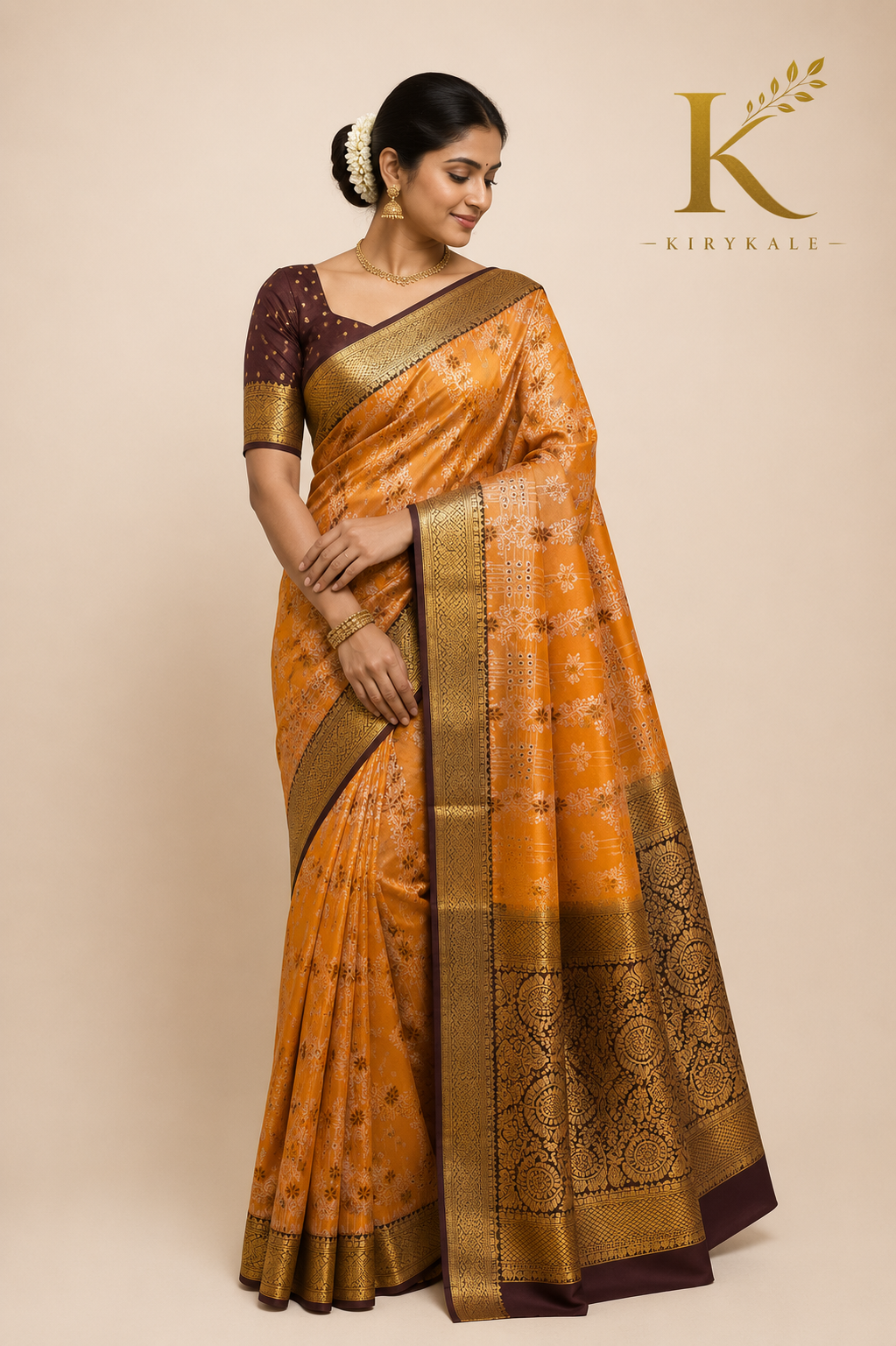 Premium Vintage Checks Kanchi Pattu Silk Saree with Antique Gold Zari Border & Running Blouse | Mustard Orange & Coffee Brown