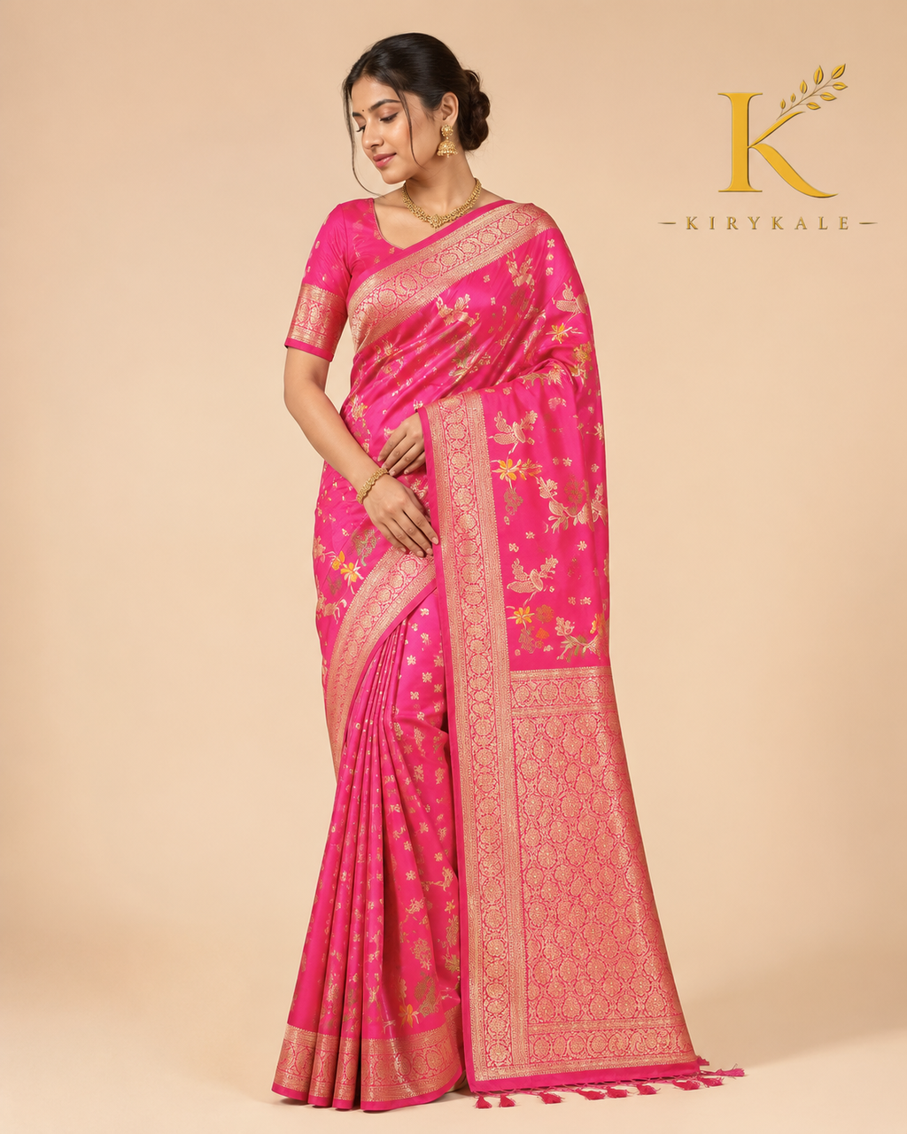Premium Banaras Soft Silk Saree – Rani Pink Gold Zari Floral Weaving with Designer Blouse