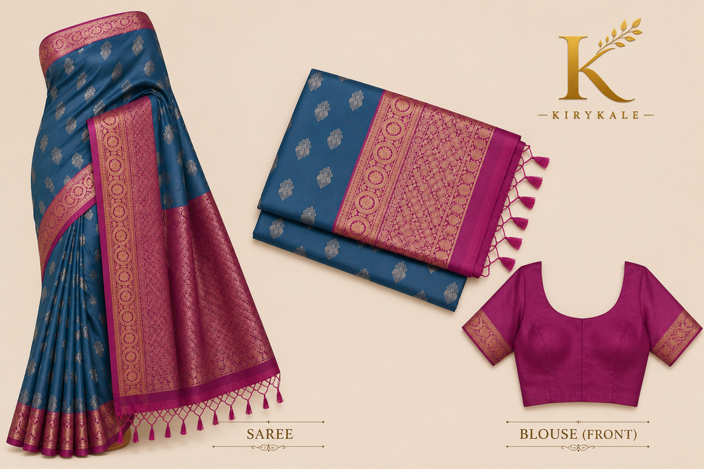 Premium Kanchi Vintage Lightweight Saree with Antique Silver Zari Buttas & Rich Contrast Pallu | Steel Blue & Magenta