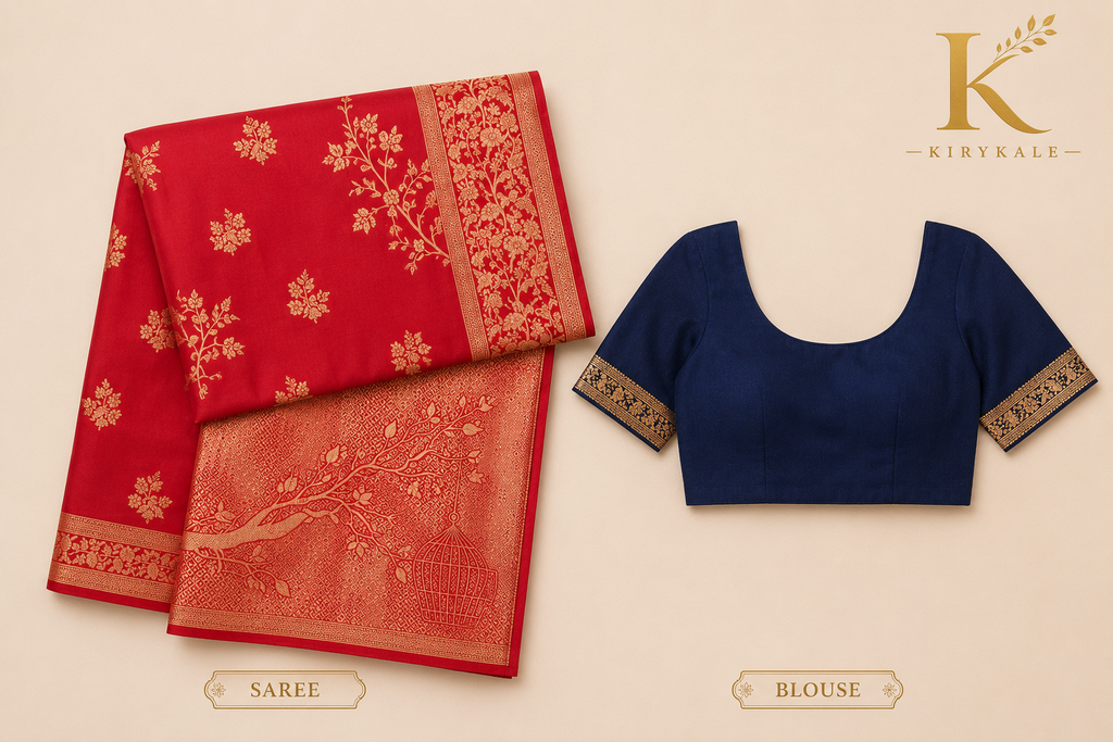 Premium Magrean Pure Georgette Saree with Antique Gold Floral Zari Buttas & Designer Woven Pallu | Ruby Red