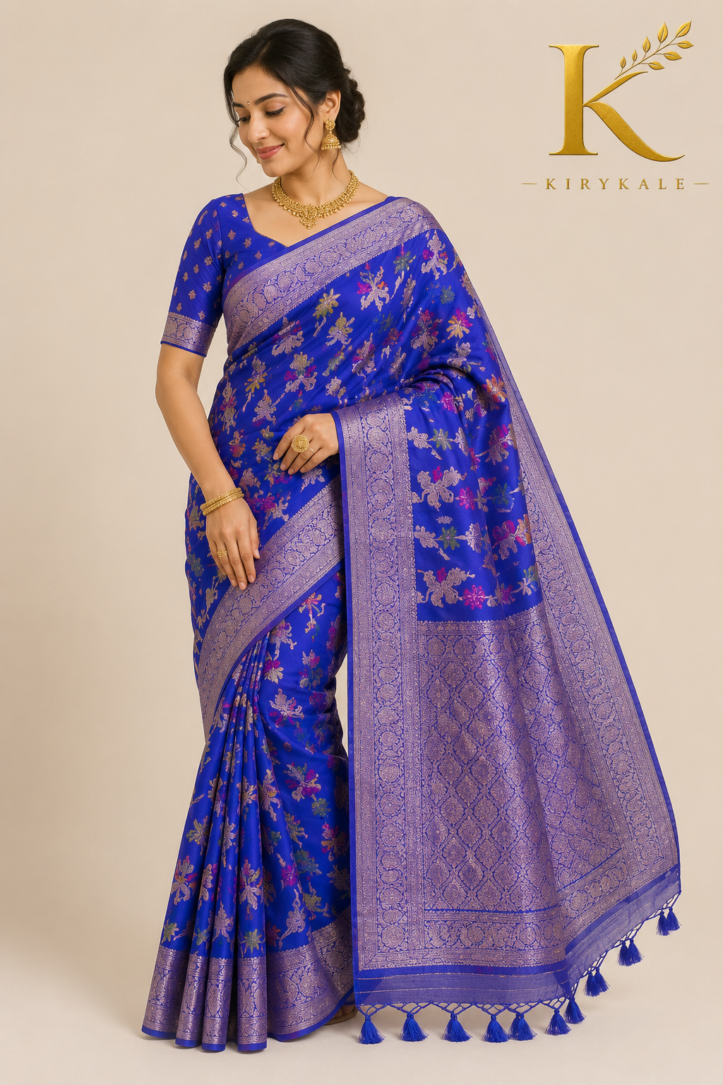 Premium Banaras Soft Silk Saree – Royal Blue Floral Zari Weaving with Designer Blouse