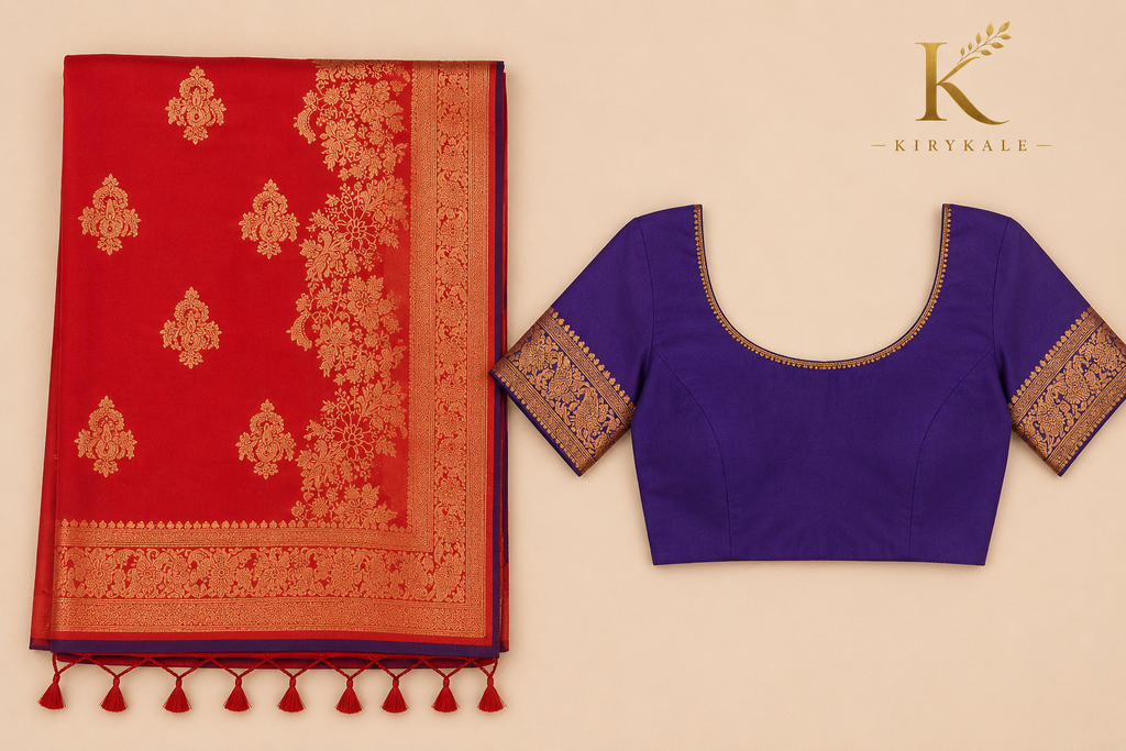 Premium Mushroom Pure Georgette Saree with Antique Gold Floral Zari Border & Contrast Running Blouse | Crimson Red & Royal Purple