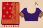 Premium Mushroom Pure Georgette Saree with Antique Gold Floral Zari Border & Contrast Running Blouse | Crimson Red & Royal Purple