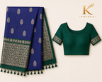 Kanchi Vintage Lightweight Soft Silk Saree with Silver Zari Border & Running Blouse | Royal Blue & Bottle Green