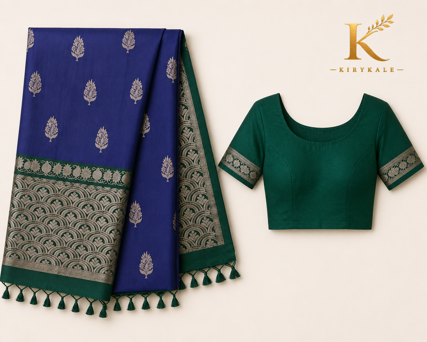 Kanchi Vintage Lightweight Soft Silk Saree with Silver Zari Border & Running Blouse | Royal Blue & Bottle Green