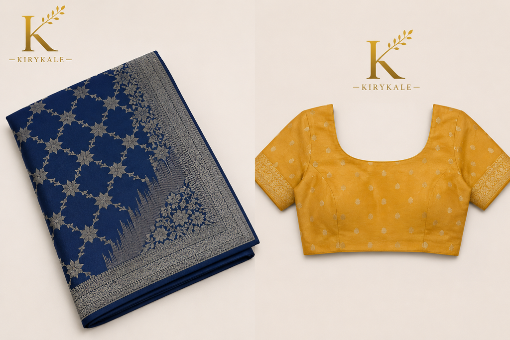 Premium Mushroom Pure Georgette Saree with Antique Gold Floral Zari Pallu & Running Blouse | Royal Navy Blue & Mustard
