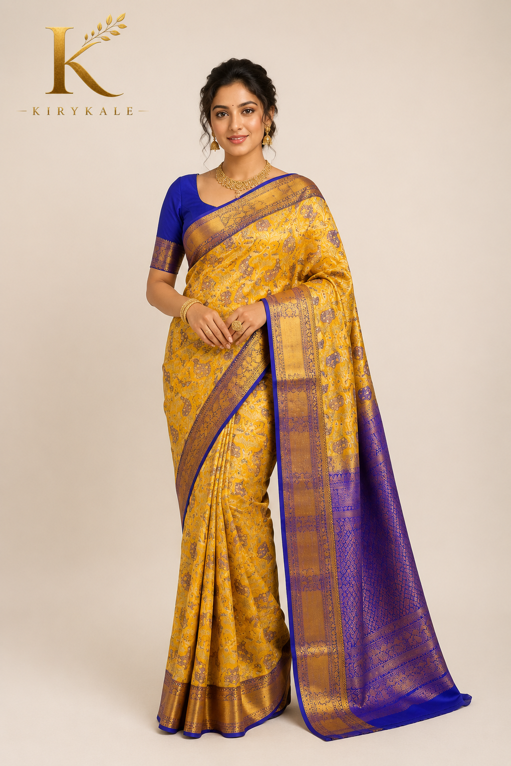 Premium Kanchi Pattu Meenakari Silk Saree with Royal Blue Zari Border & Running Blouse | Mustard Yellow