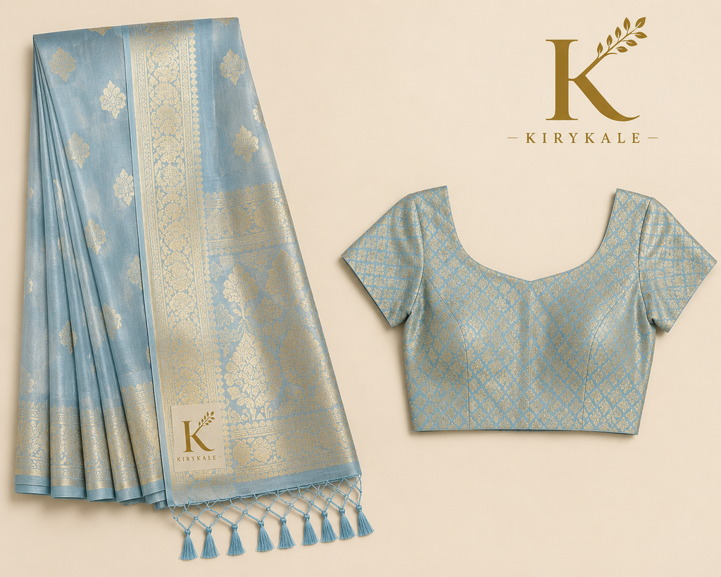 Premium Sky Blue Tisu Organza Silk Saree with Rich Gold Zari Border