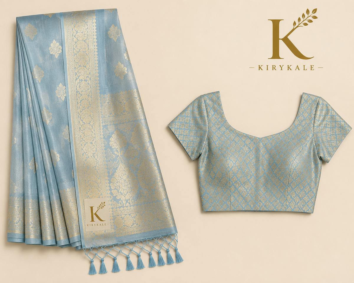 Premium Sky Blue Tisu Organza Silk Saree with Rich Gold Zari Border