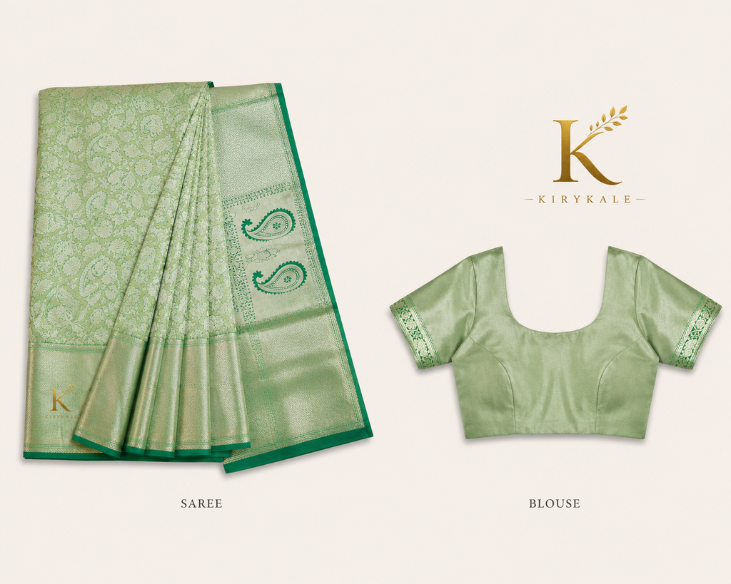 Premium Dharmavaram Pattu Silk Saree with Silver Zari Floral Weaving & Running Blouse | Pastel Mint Green