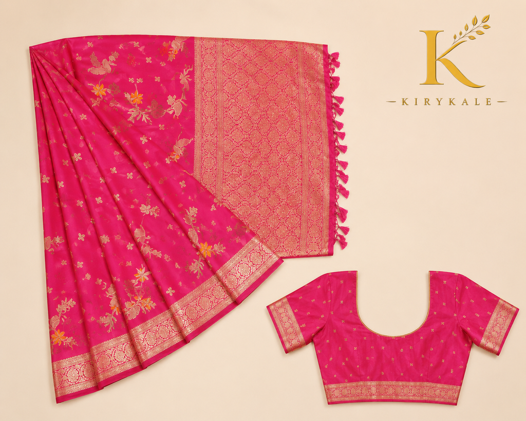Premium Banaras Soft Silk Saree – Rani Pink Gold Zari Floral Weaving with Designer Blouse