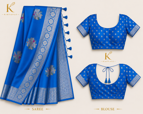 Premium Banaras Soft Silk Saree – Royal Azure Blue Silver Zari Floral Weaving with Designer Blouse