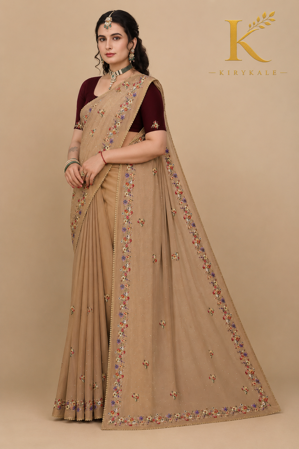 Premium Mehendi Green Mango Crepe Saree with Floral Embroidery & Designer Blouse