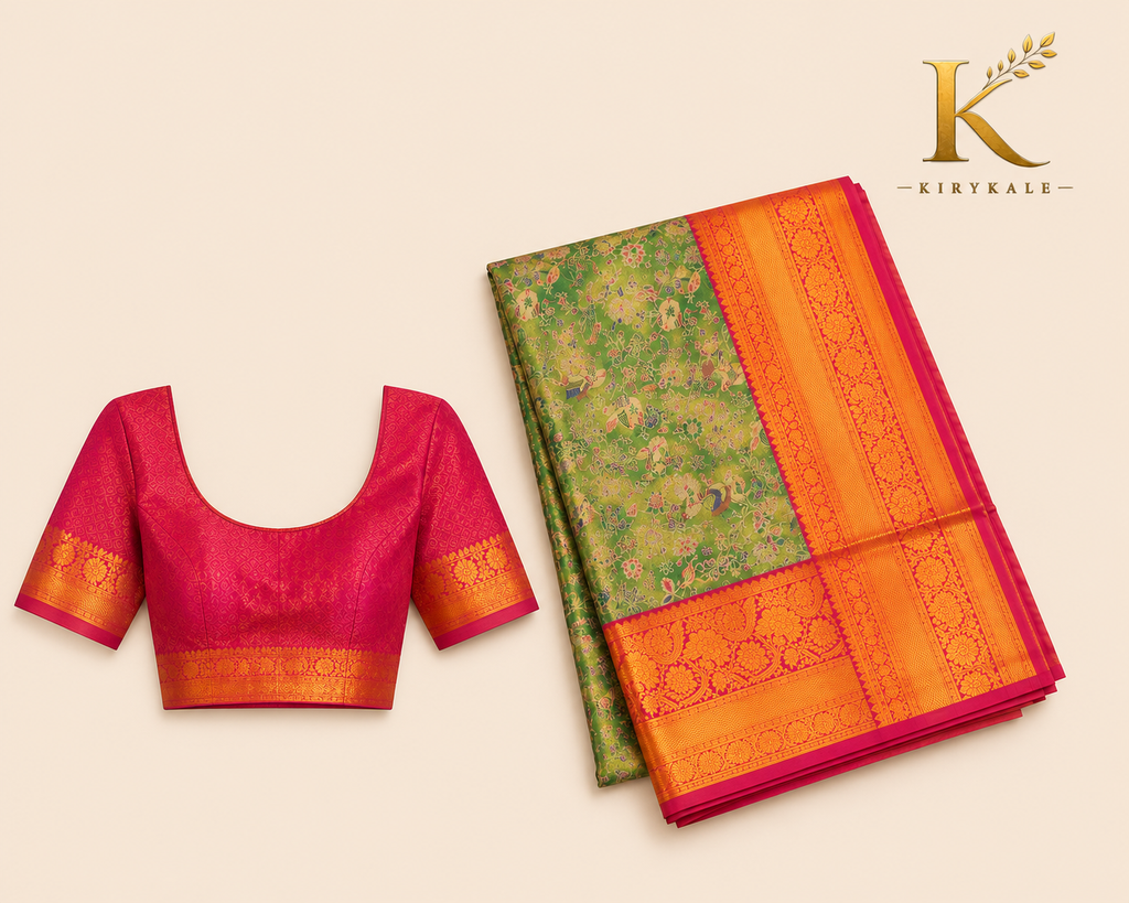 Premium Kanchi Pattu Meenakari Silk Saree with Rich Pink Gold Zari Border & Running Blouse | Parrot Green Floral