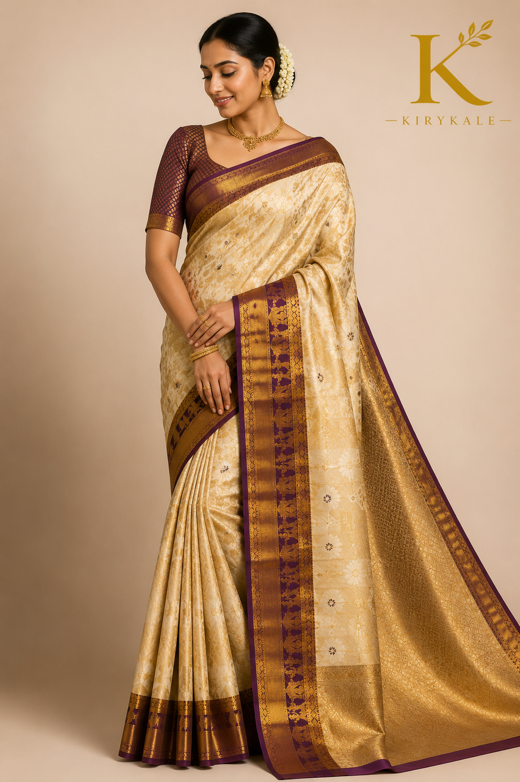 Premium Vintage Checks Kanchi Pattu Silk Saree with Temple Zari Border & Running Blouse | Ivory Cream & Royal Purple