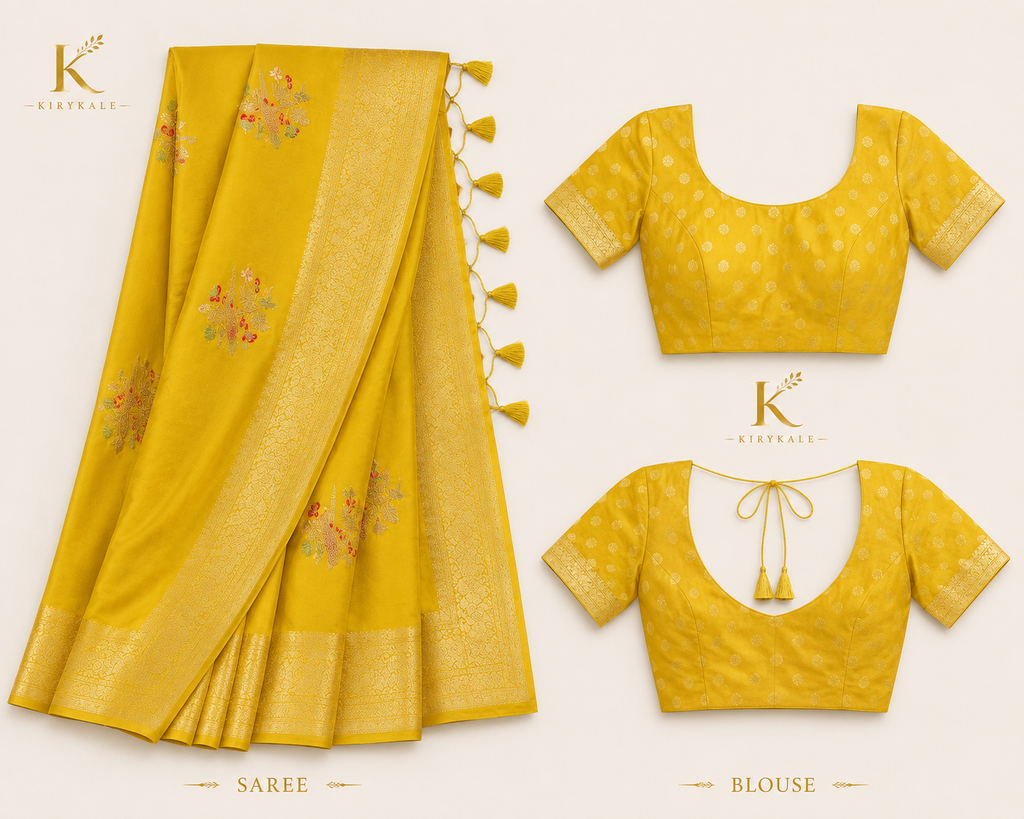 Premium Banaras Soft Silk Saree – Sunflower Yellow Floral Zari Weaving with Designer Blouse
