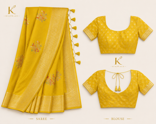 Premium Banaras Soft Silk Saree – Sunflower Yellow Floral Zari Weaving with Designer Blouse