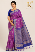 Premium Kanchi Vintage Lightweight Saree with Gold Zari Floral Buttas & Contrast Royal Blue Border | Royal Purple & Royal Blue
