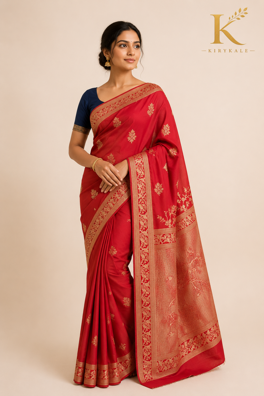 Premium Magrean Pure Georgette Saree with Antique Gold Floral Zari Buttas & Designer Woven Pallu | Ruby Red