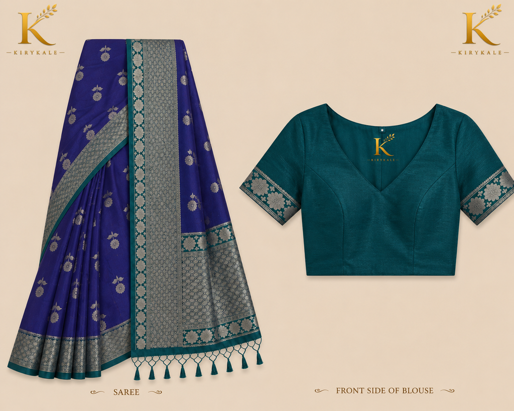 Premium Kanchi Vintage Lightweight Saree with Silver Zari Floral Buttas & Rich Contrast Pallu | Royal Blue & Teal Green