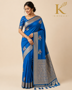 Premium Banaras Soft Silk Saree – Royal Blue Floral Butta with Silver Zari Border & Designer Blouse