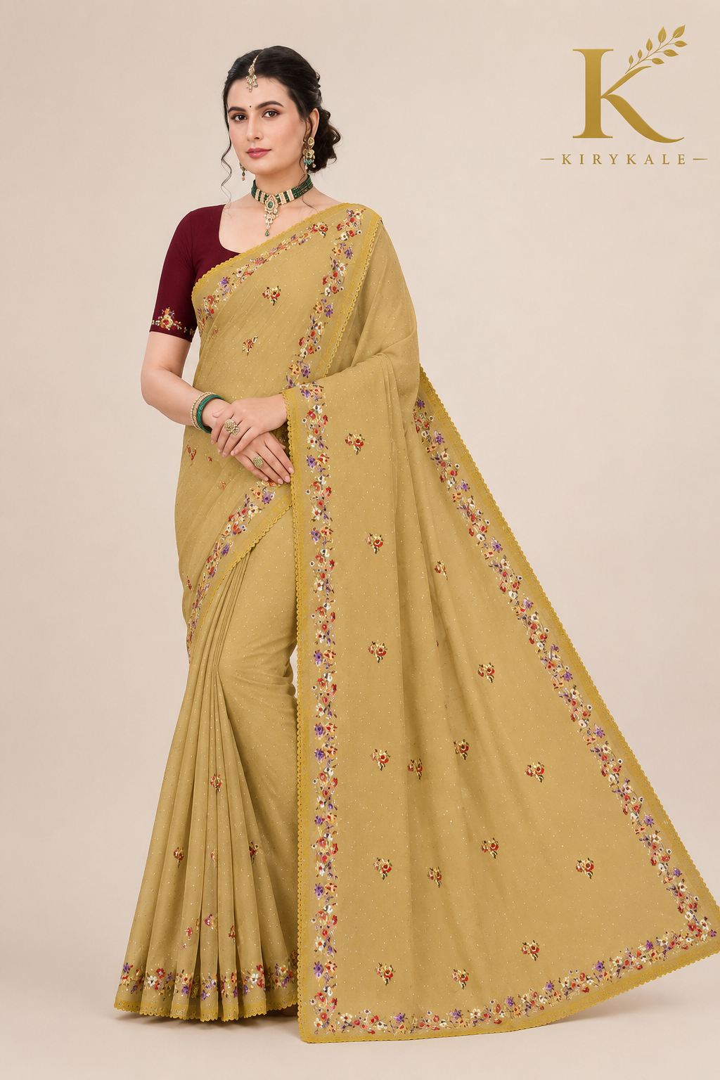 Premium Biscuit Colour Mango Crepe Saree with Floral Embroidery & Designer Blouse