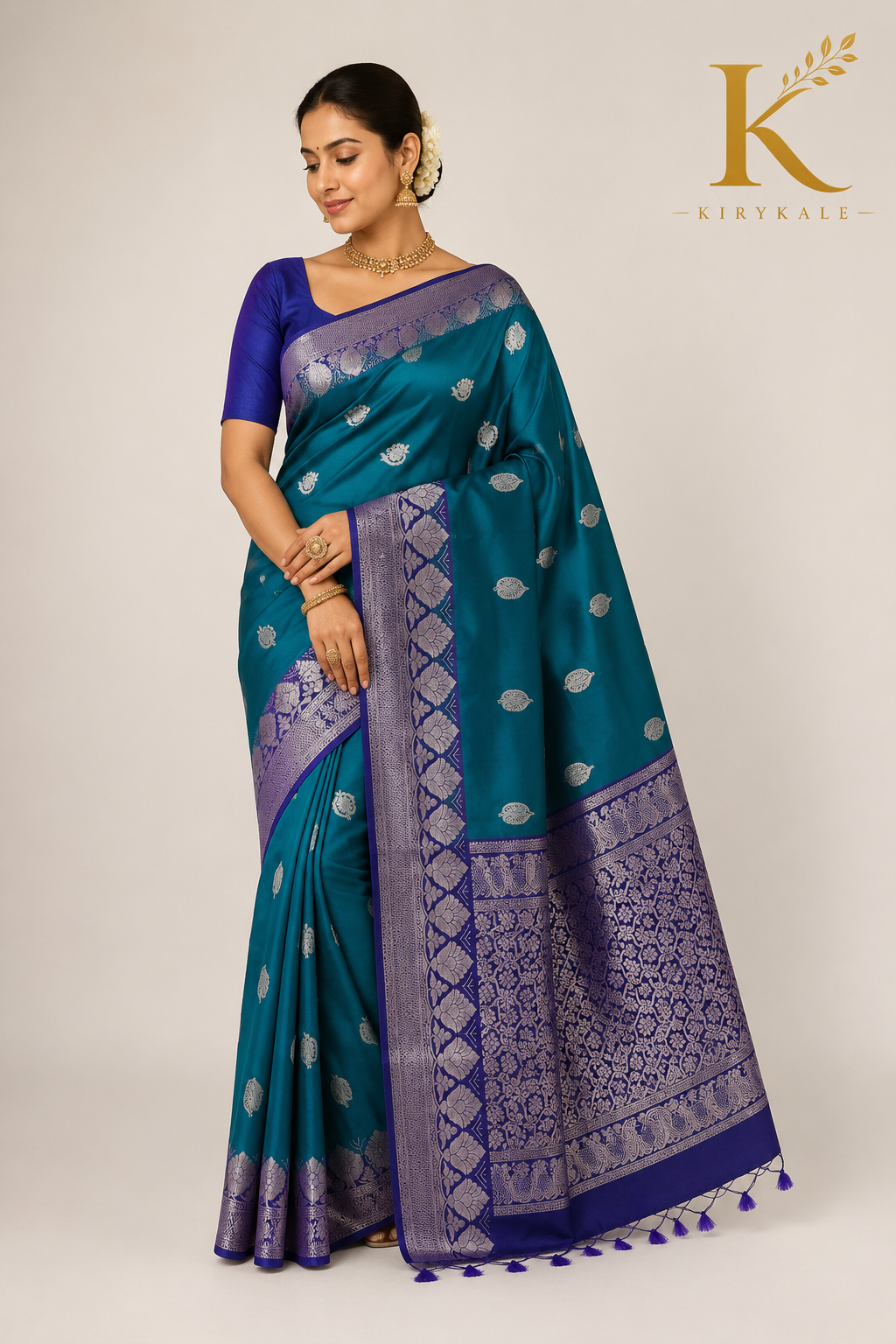 Premium Kanchi Vintage Lightweight Saree with Silver Zari Floral Buttas & Contrast Royal Blue Border | Peacock Blue & Royal Blue