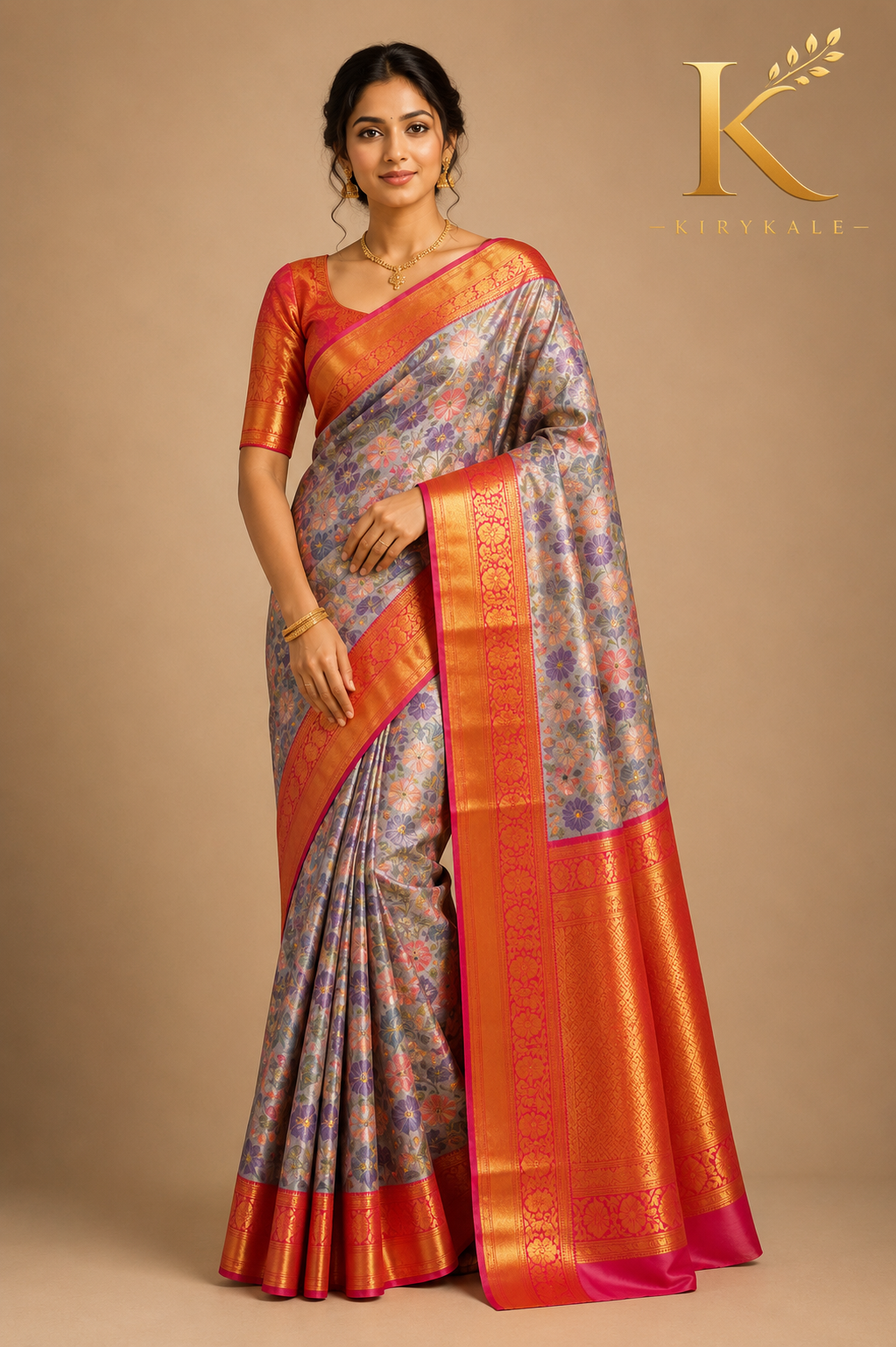 Premium Kanchi Pattu Meenakari Silk Saree with Floral Woven Design & Rich Orange Gold Zari Border | Smoky Lavender Grey