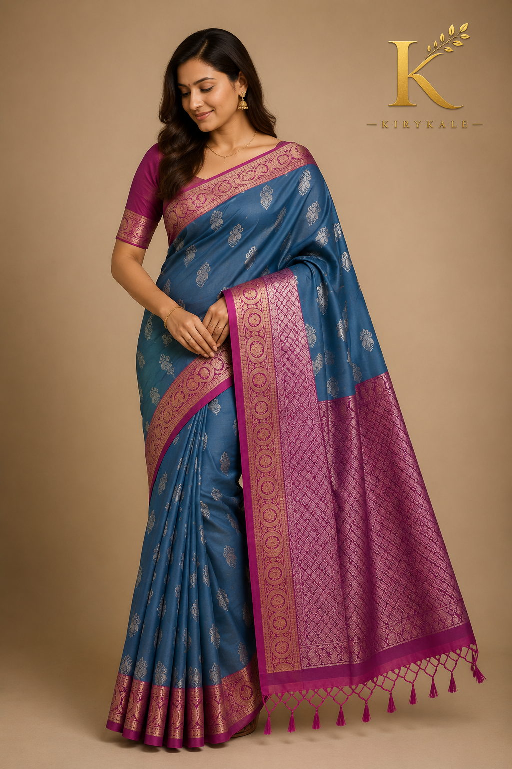 Premium Kanchi Vintage Lightweight Saree with Antique Silver Zari Buttas & Rich Contrast Pallu | Steel Blue & Magenta
