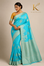 Premium Mushroom Pure Georgette Saree with Antique Gold Floral Zari Border & Running Blouse | Aqua Blue & Mustard