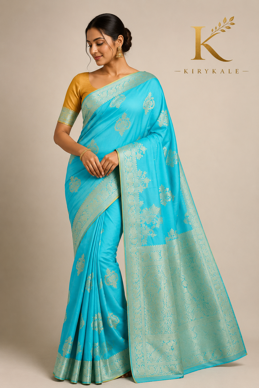 Premium Mushroom Pure Georgette Saree with Antique Gold Floral Zari Border & Running Blouse | Aqua Blue & Mustard