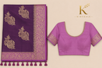 Premium Pattu Mushroom Georgette Saree with Antique Gold Paisley Zari Border & Running Blouse | Royal Purple & Orchid Pink