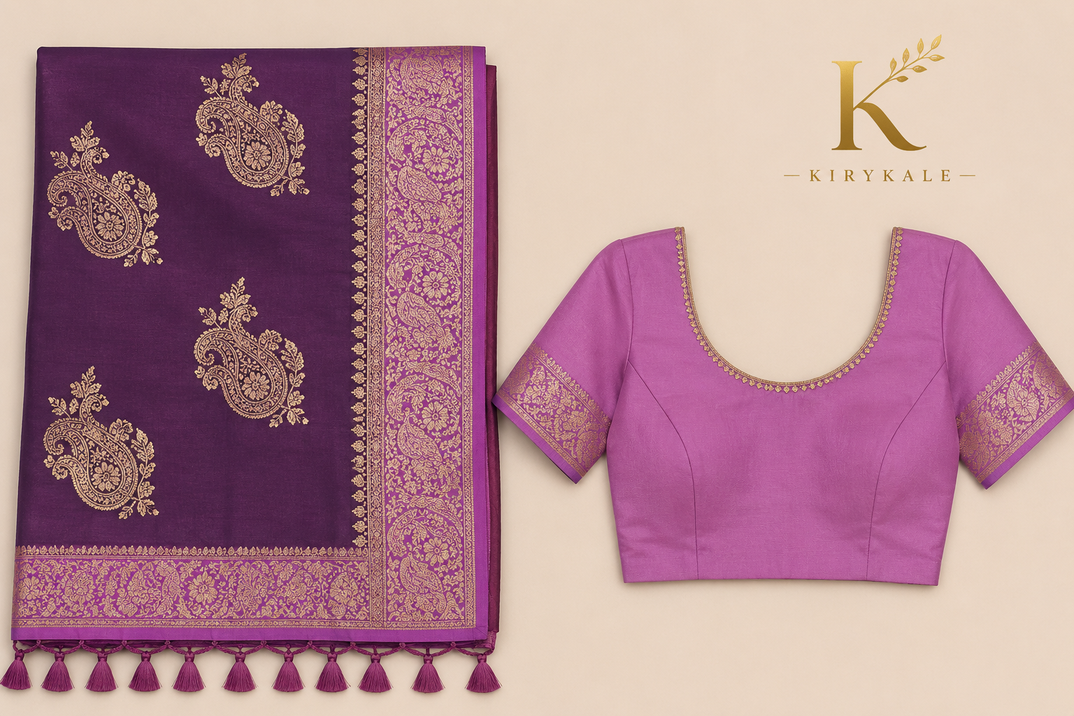 Premium Pattu Mushroom Georgette Saree with Antique Gold Paisley Zari Border & Running Blouse | Royal Purple & Orchid Pink