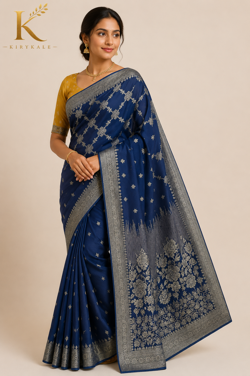 Premium Mushroom Pure Georgette Saree with Antique Gold Floral Zari Pallu & Running Blouse | Royal Navy Blue & Mustard