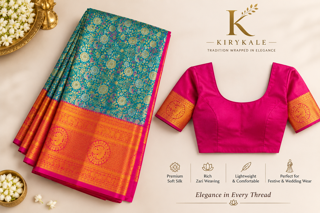 Premium Kanchi Pattu Meenakari Silk Saree with Peacock Blue Floral Weaving & Pink Gold Zari Border