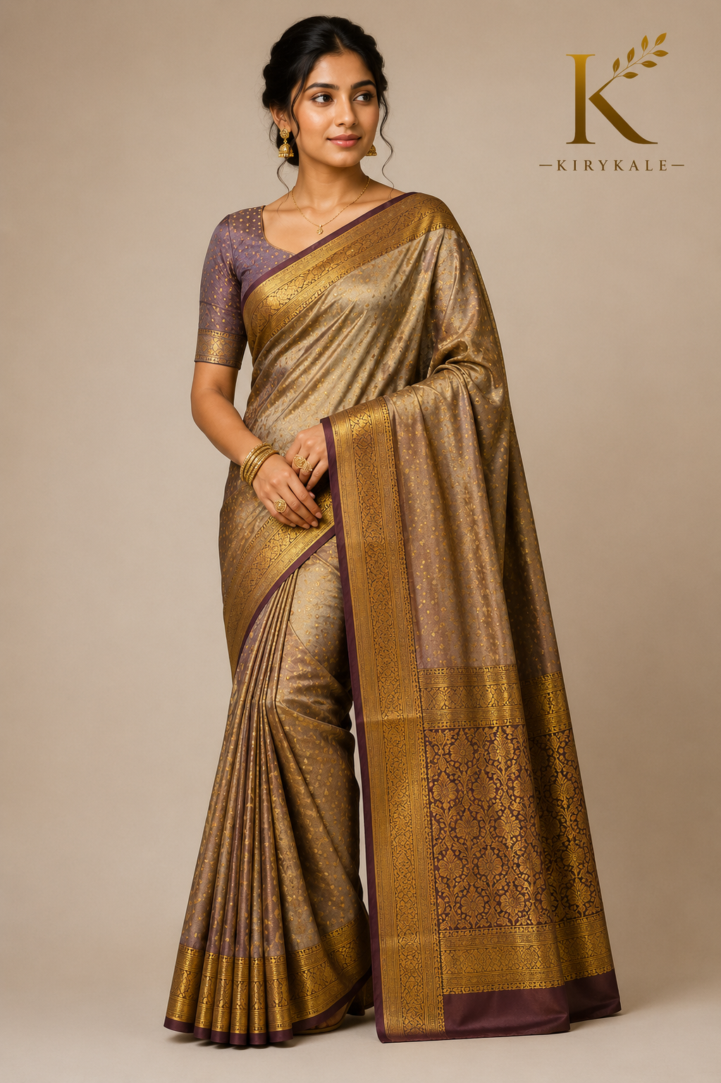 Premium Vintage Checks Kanchi Pattu Silk Saree with Antique Gold Zari Border & Running Blouse | Champagne Gold & Coffee Brown