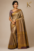 Premium Vintage Checks Kanchi Pattu Silk Saree with Antique Gold Zari Border & Running Blouse | Champagne Gold & Coffee Brown