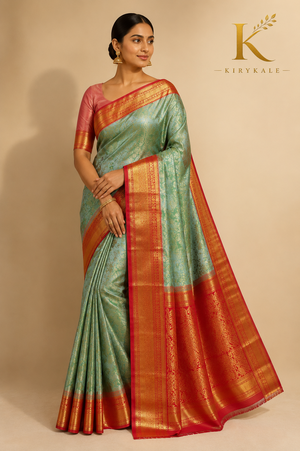 Premium Dharmavaram Pattu Silk Saree with Rich Floral Zari Weaving & Contrast Red Gold Border | Mint Green & Coral Pink