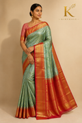 Premium Dharmavaram Pattu Silk Saree with Rich Floral Zari Weaving & Contrast Red Gold Border | Mint Green & Coral Pink