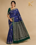 Kanchi Vintage Lightweight Soft Silk Saree with Silver Zari Border & Running Blouse | Royal Blue & Bottle Green