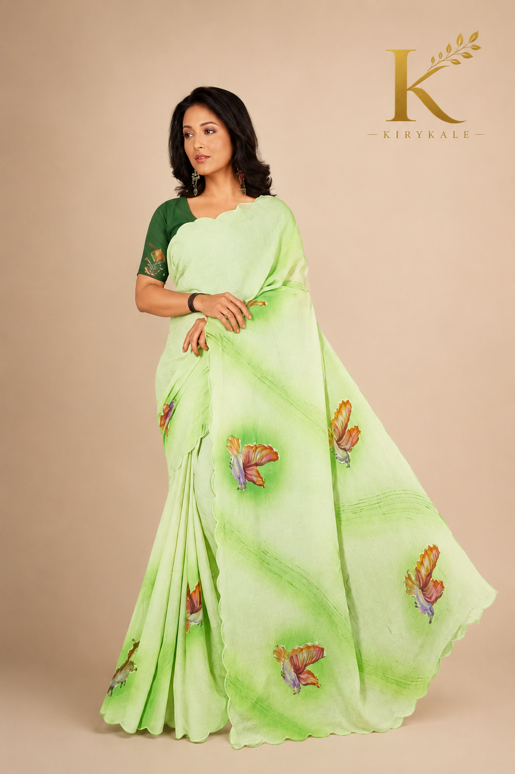 Premium Pastel Green Mango Georgette Saree with Butterfly Print & Designer Blouse