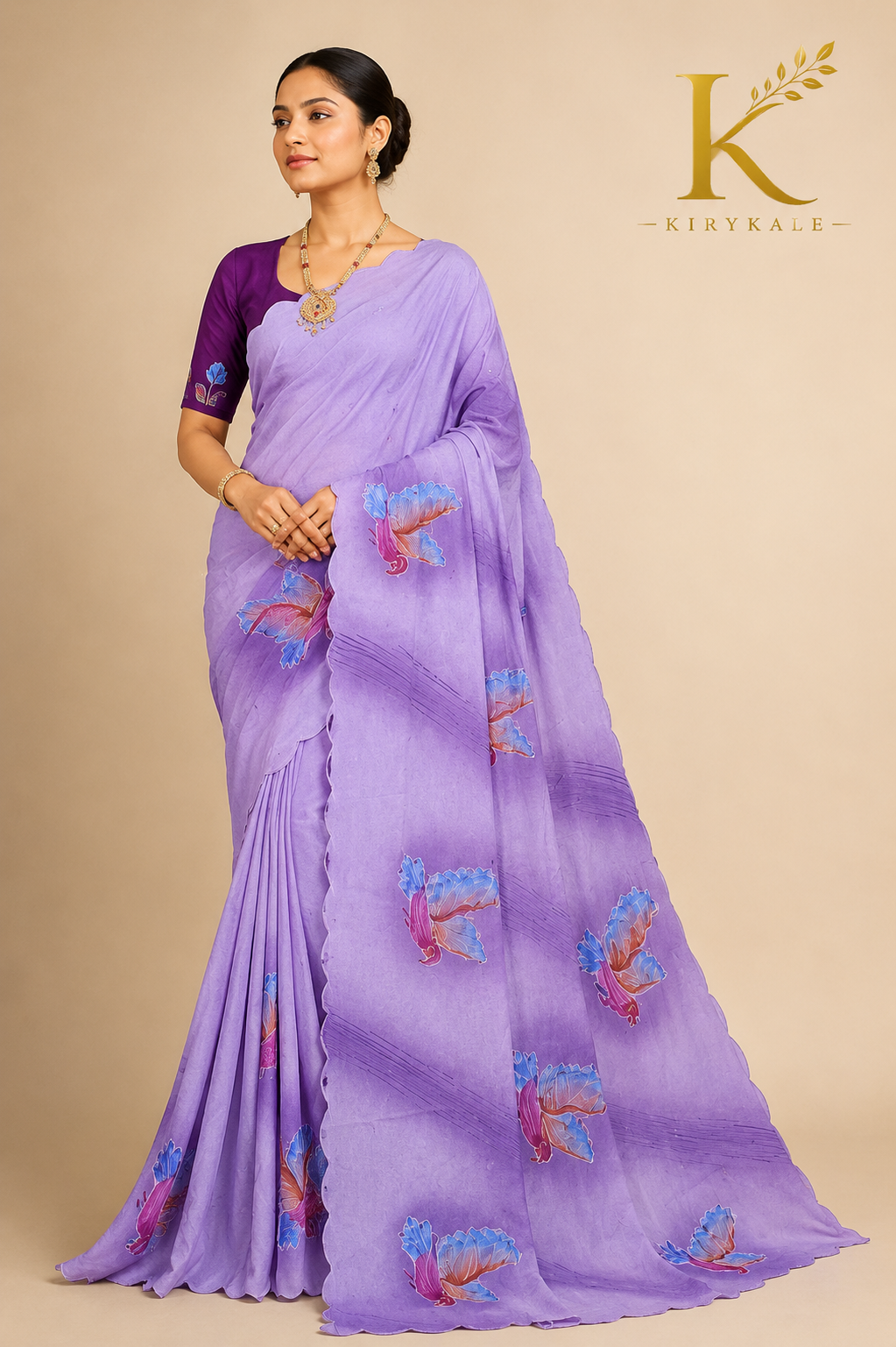Premium Lavender Mango Georgette Saree with Butterfly Print & Designer Blouse