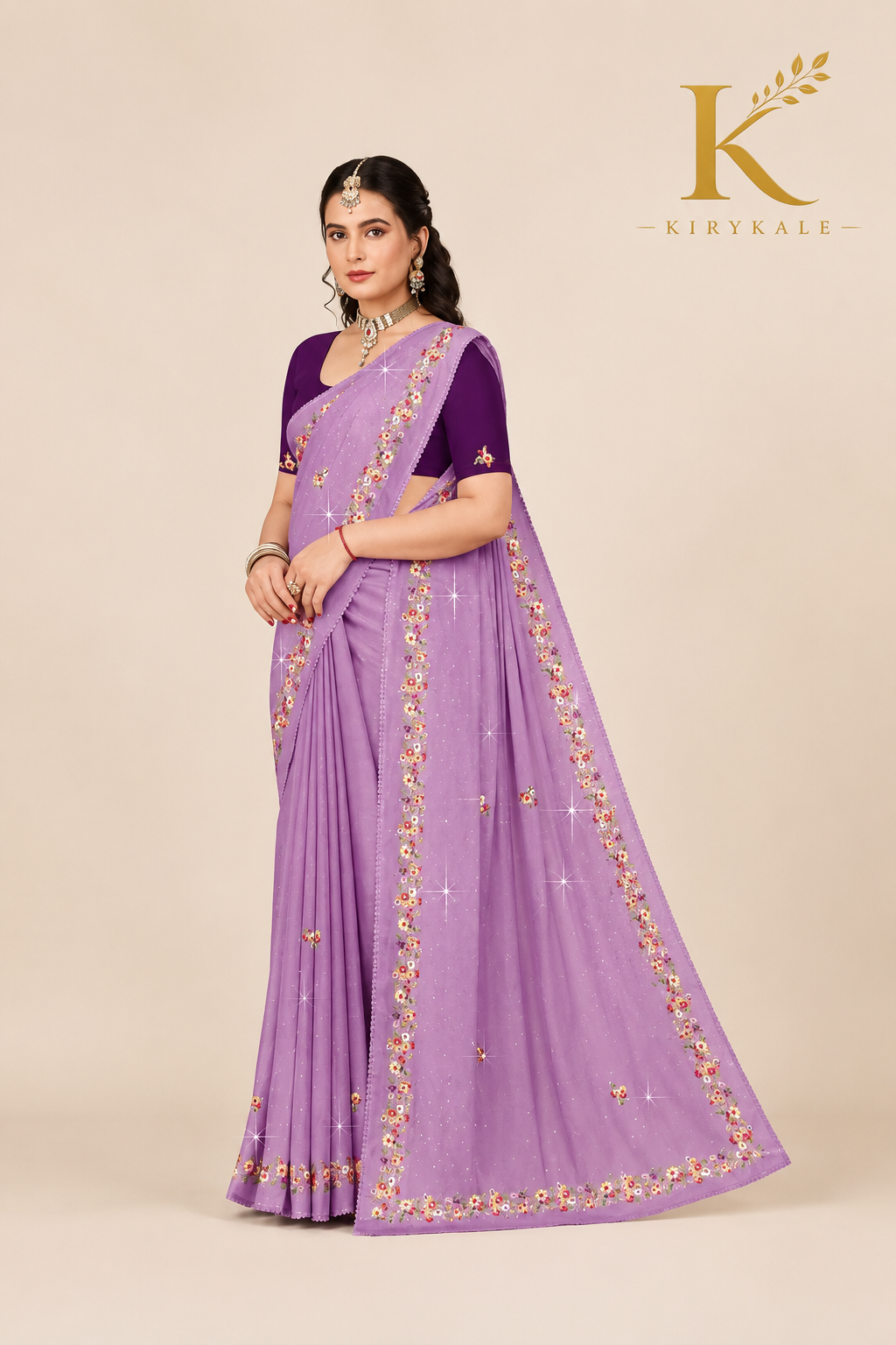 Premium Lavender Mango Crepe Saree with Floral Embroidery & Designer Blouse