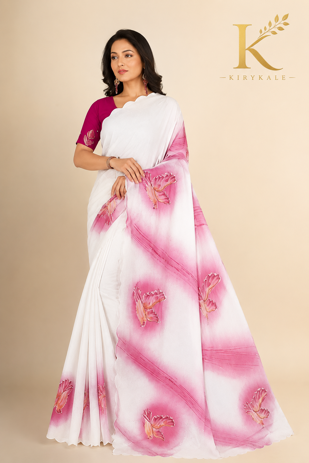 Premium White & Pink Mango Georgette Saree with Butterfly Print & Designer Blouse