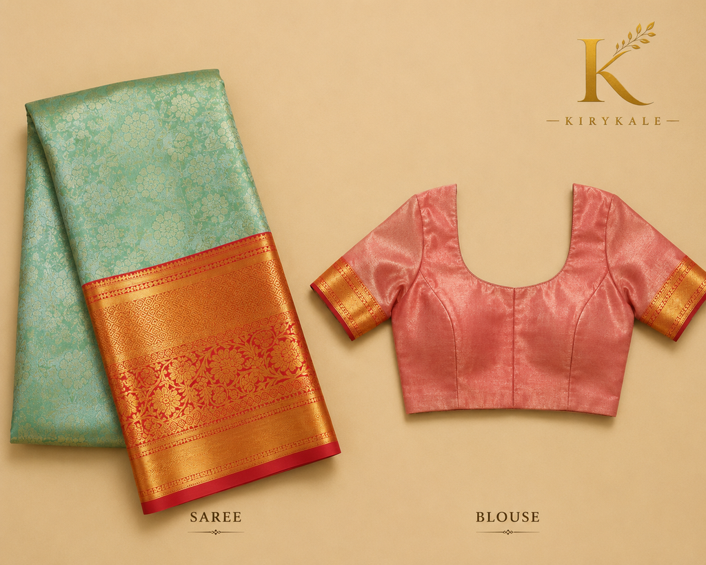 Premium Dharmavaram Pattu Silk Saree with Rich Floral Zari Weaving & Contrast Red Gold Border | Mint Green & Coral Pink