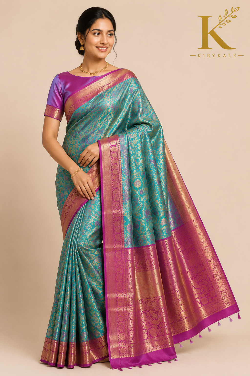 Premium Dharmavaram Pattu Silk Saree with Rich Floral Gold Zari Weaving & Contrast Magenta Border | Aqua Blue & Magenta