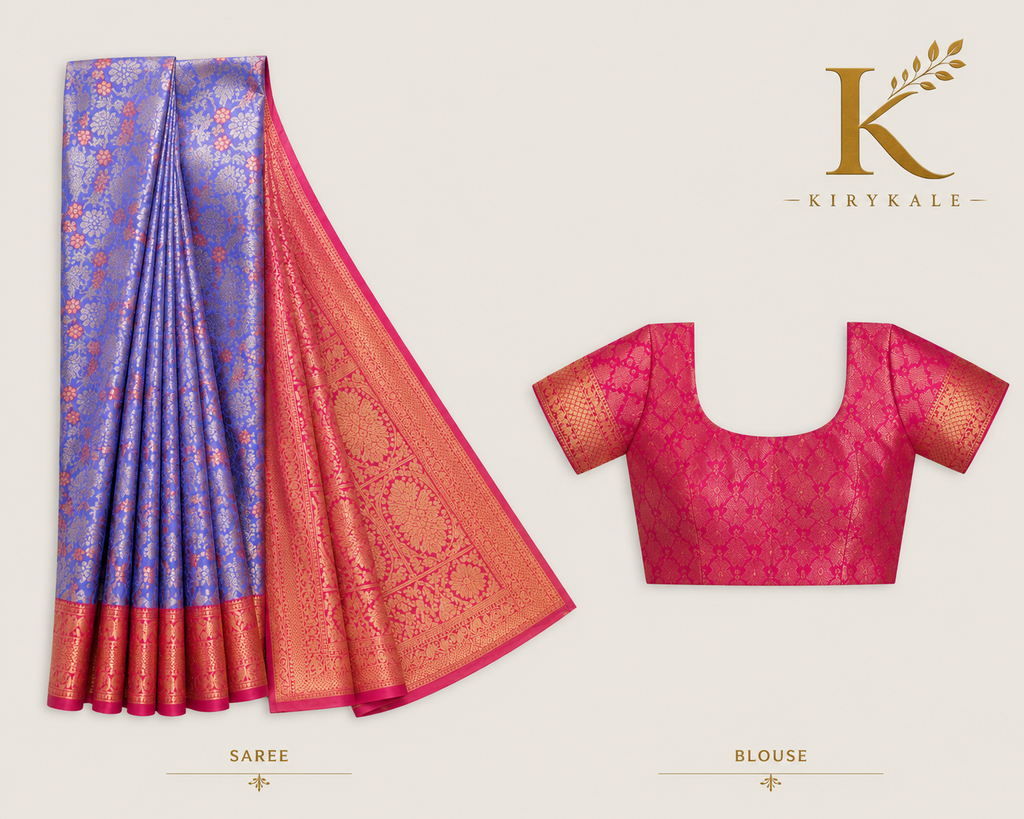 Premium Dharmavaram Pattu Silk Saree with Rich Gold Floral Zari Weaving & Contrast Rani Pink Border | Royal Blue & Rani Pink