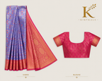 Premium Dharmavaram Pattu Silk Saree with Rich Gold Floral Zari Weaving & Contrast Rani Pink Border | Royal Blue & Rani Pink