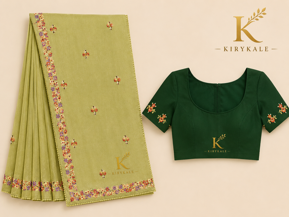 Premium Olive Green Mango Crepe Saree with Floral Embroidery & Designer Blouse